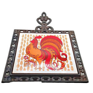 Holt Howard Vintage Trivet Cast Iron & Ceramic Tile Rooster Made in Japan